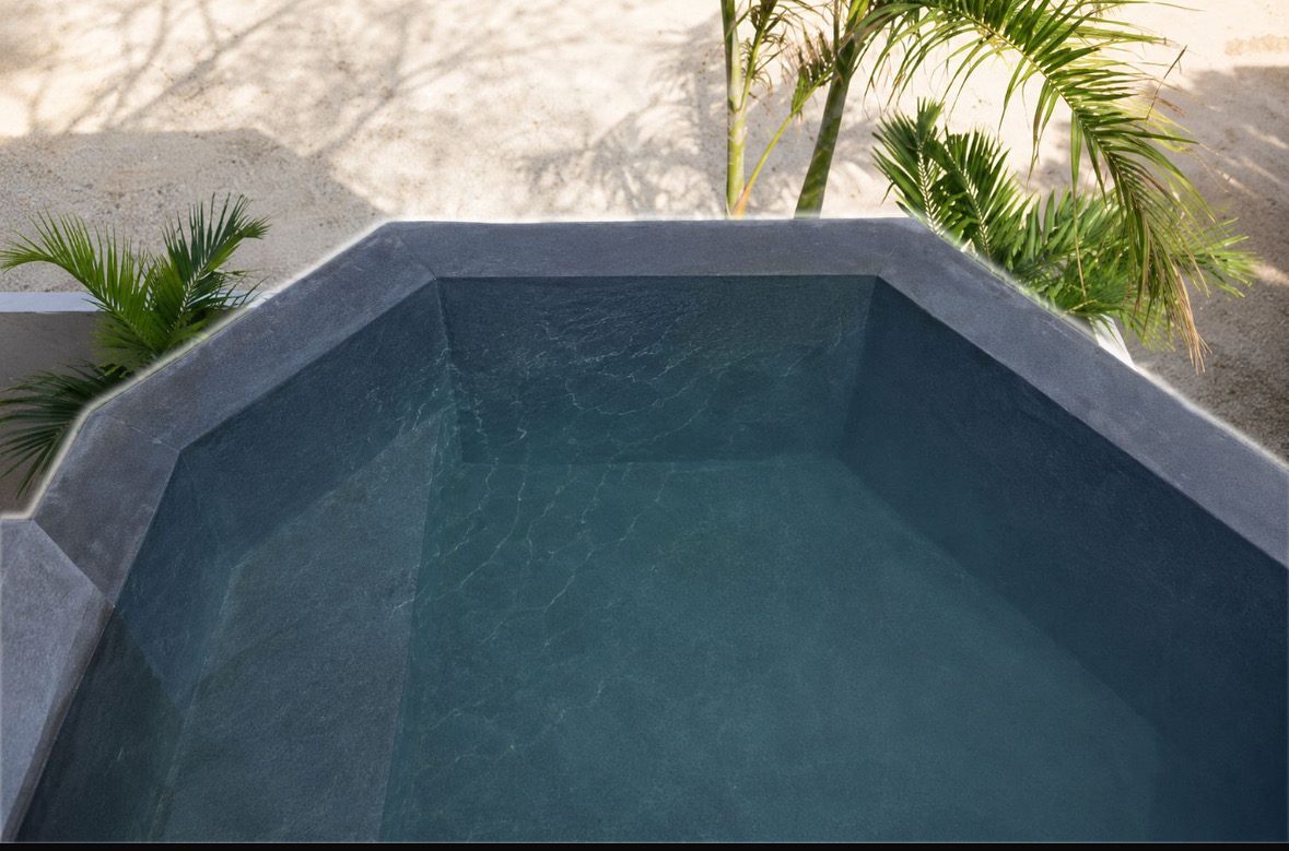 Private octagonal stone plunge pool beside the ocean-side suite, framed by palms